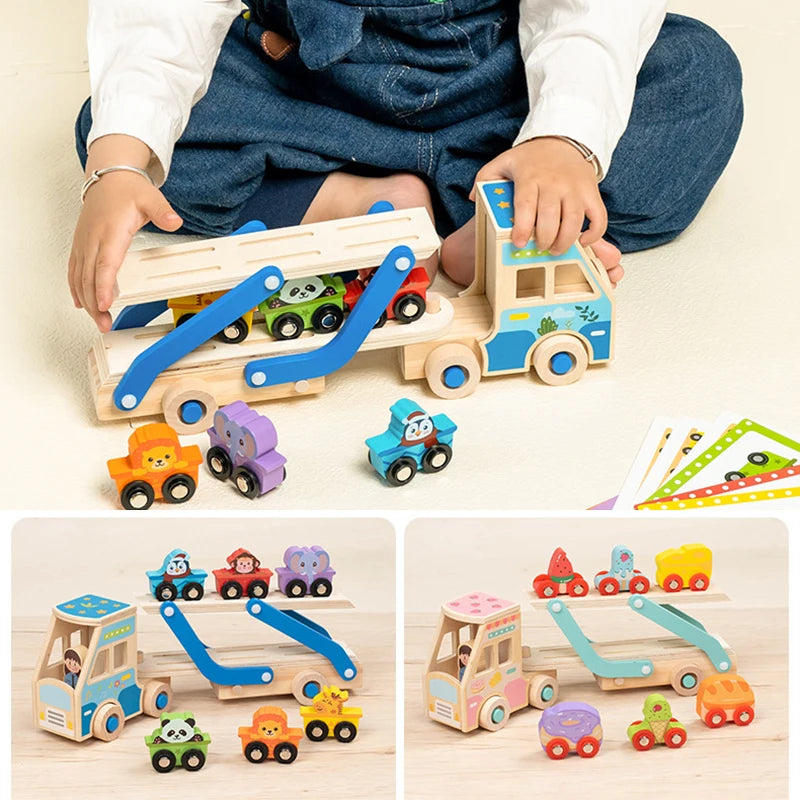 Wooden Double-Decker Truck Toddlers Cars Toys Train Montessori Kindergarten Animal Food Matching Early Educational Game 2-6years